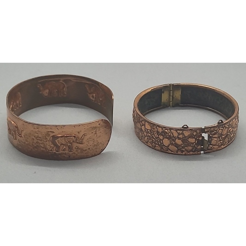 Vintage Copper Elephant Cuff Textured Hinged Bangle Bracelet Set Women Brown